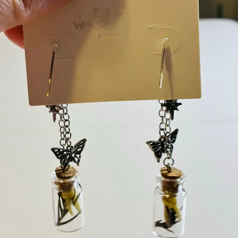 Fairy Bottle Dangle Earrings Glass Vial Butterfly Mushroom Cottagecore Gothic